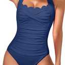 Eomenie Women One Piece Tummy Control Swimsuit Halter Scallop Trim Bathing Suits 1 Piece Vintage Ruched Slimming Swimwear (Medium, Blue)
