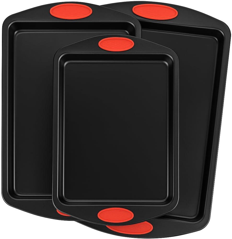 3-Pack Baking Sheet Pan Set, Nonstick Cookie Sheets with Orange Silicone Handles, Easy to Clean Bakeware Trays for Oven Roasting & Baking