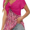 ONLYSHE Womens V Neck Shirts Short Sleeve Tops Front Knotted T Shirt Casual Solid&Floral Tunic Summer Henley Tees Blouse (M)