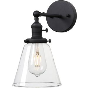PERMO Industrial Black Wall Sconce with On/Off Switch and Funnel Flared Clear Glass Shade for Living Room Bathroom Bedroom