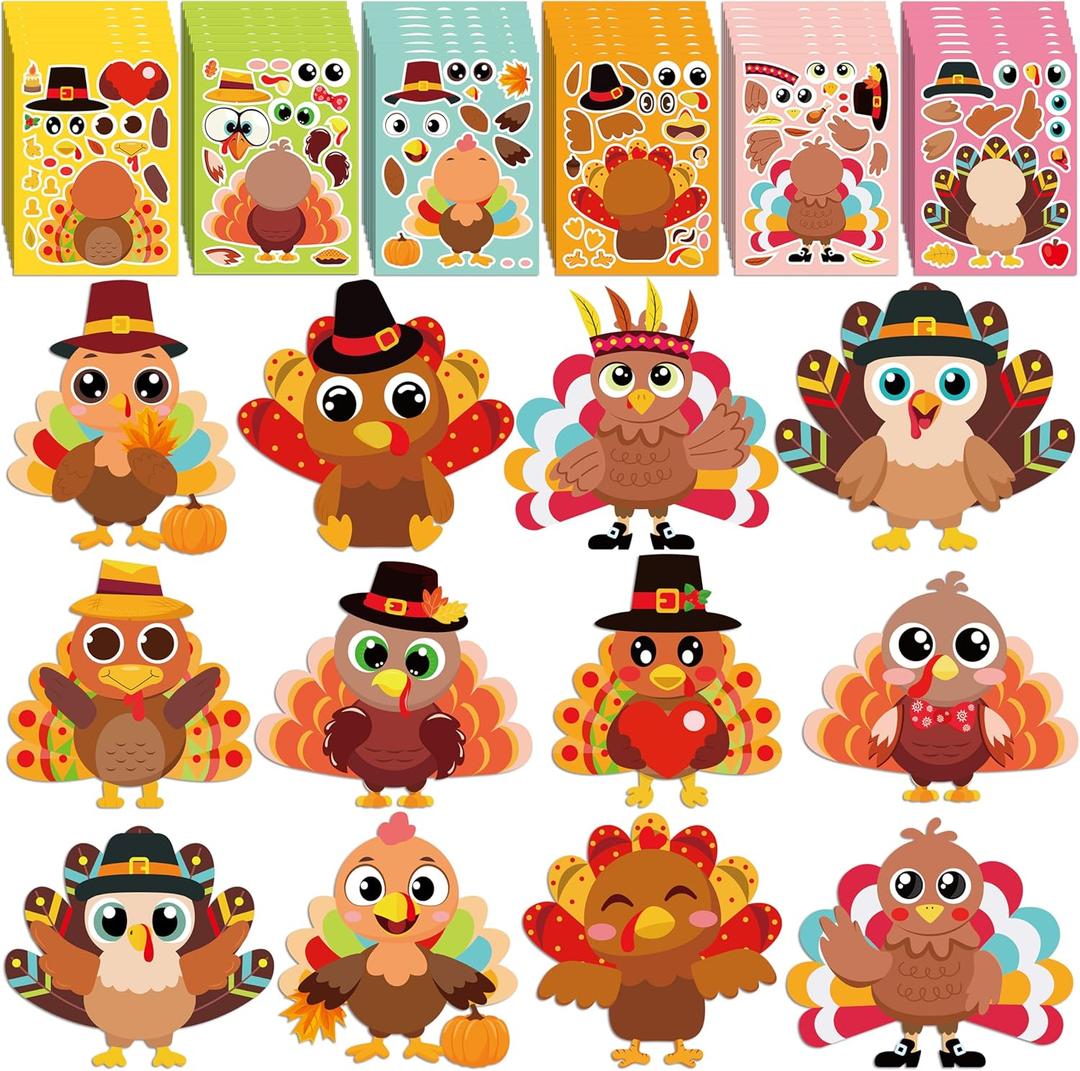120pcs Thanksgiving Crafts for Kids, Make-A-Turkey Stickers Party Games/Favors/Supplies(Small Size)