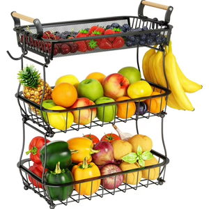 3 Tier Fruit Basket Bowl with 2 Banana Hangers for Kitchen Counter, Vegetable Countertop Produce Storage Holder, Large Capacity Metal Wire Fruits Stand Organizer for Onion Potato Bread Snack, Black