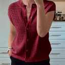 Saodimallsu Womens Short Cap Sleeve Sweater Vest Crochet Button Down Cardigans Crew Neck Summer Knit Tops (Red)