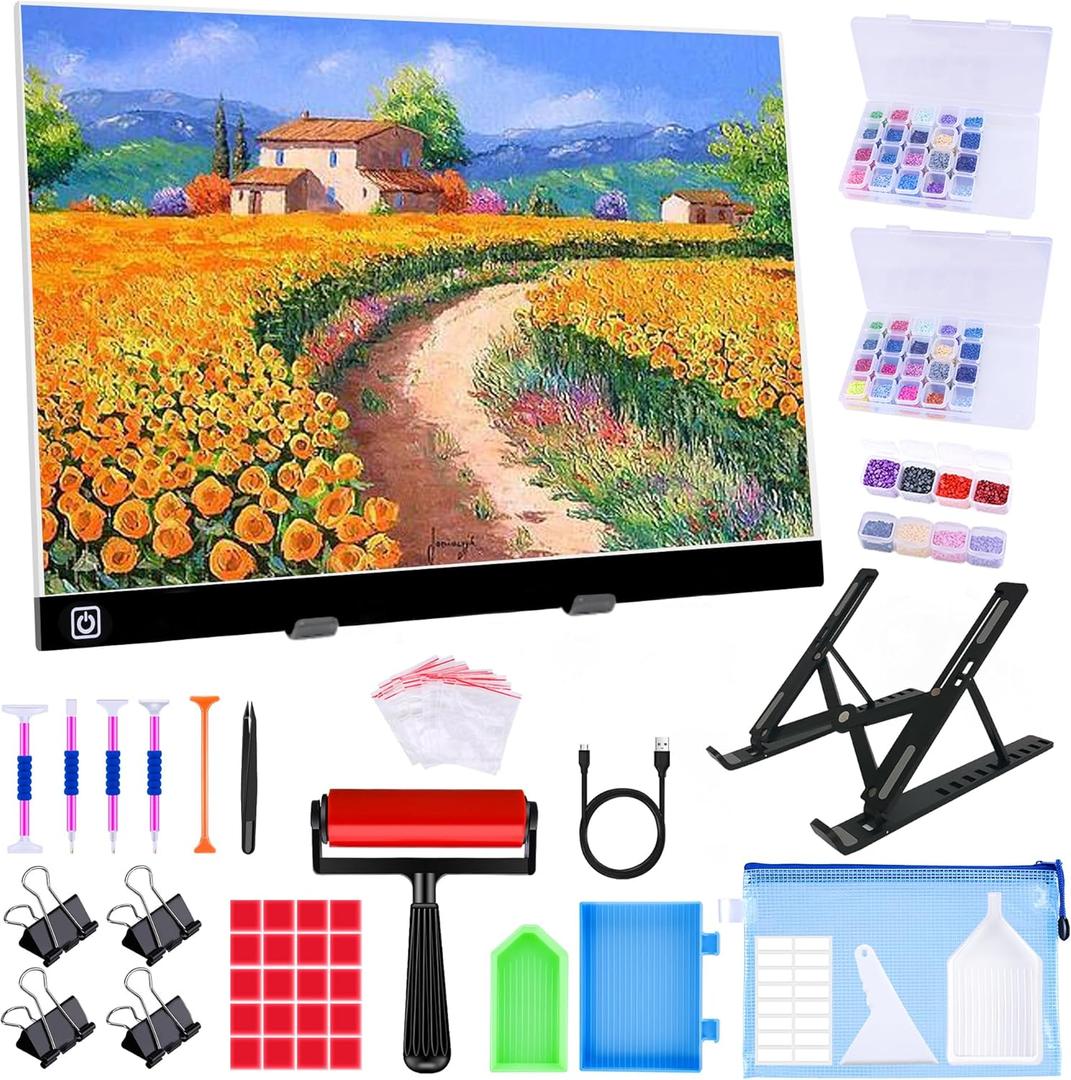 A3 LED Light Pad for Diamond Painting,Ratukall Diamond Art Light Board Kit,Adjustable Brightness Light Box for Tracing with Diamond Painting Accessories and Tools Includes Storage Case, Pens, Stand