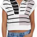 Fiesow Womens Summer Cap Sleeve Half Zip Striped Cropped T Shirts Casual Color Block Collared V Neck Loose Pullover Tops (Medium)