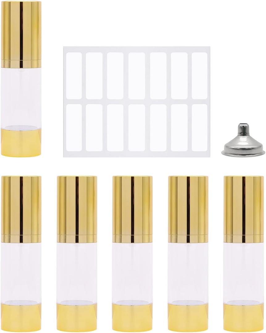 6Pcs 1oz/30ml Clear Airless Pump Bottles with Funnel and labels Sticker Travel Size Dispenser Refillable Cosmetic Containers For Foundations, Cream, Serums, Shampoo (Gold)
