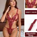 Sexy Lingerie for Women Deep V Teddy Bodysuit Sheer Lace One Piece Babydoll with Adjustable Strap (Red, XS)