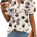 IECCP Womens Tops Dressy Casual Blouses Business Casual 2025 Summer Short Sleeve Shirts Cute V Neck Puff Pleated Tunic Top (Apricot Black Floral,XL)