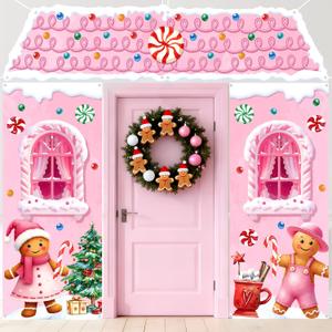 4Pcs Pink Gingerbread House Door Banner Decorations Christmas Gingerbread Man Front Door Banner Cute Peppermint Candy Cane Backdrop Porch Sign for Classroom Office Home Garage Winter Holiday Decor