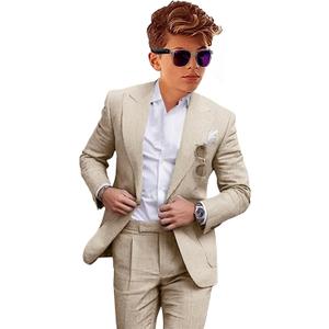 Beige Linen Suit for Boys Dress Clothes Formal 2 Piece Beach Wedding Outfit Kids Prom Tuxedo Dresswear Set Size 8