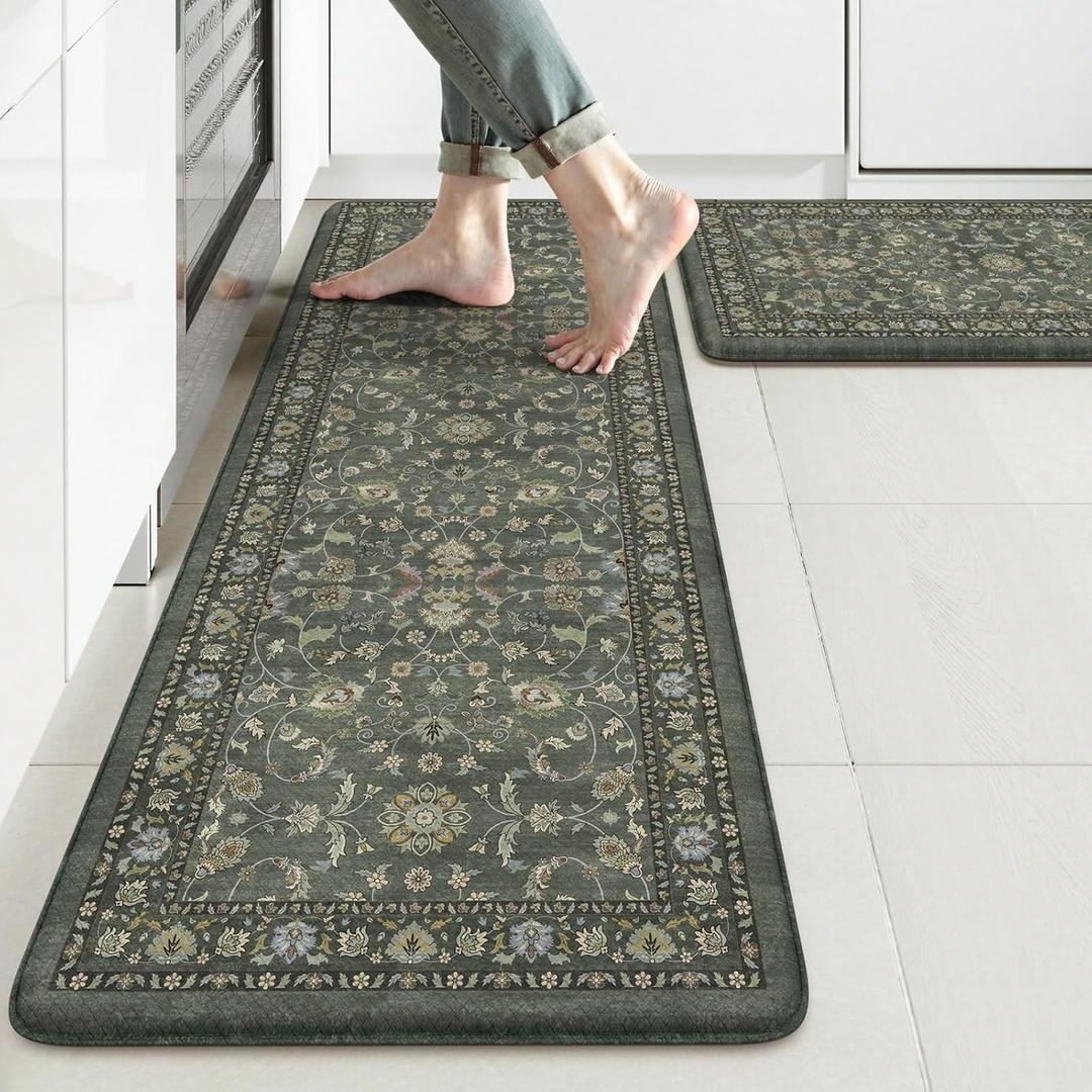 KIMODE Comfort Kitchen Mats for Floor Cushioned Anti Fatigue,Boho Vintage Kitchen Rugs Sets of 2 Non Slip,Memory Foam Kitchen Floor Mat Carpet for Laundry Office Home Decor, Dark Green (17.3" x 47"+ 17.3" x 29"--0.47 inches)