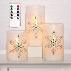 Holiday Flameless Candles, Christmas Remote LED Flickering Candle Glass, Jeweled Snowflake Frost Ice Effect, Battery Operated, Xmas Gift Decorations New Year Party Wedding Decor [x3]