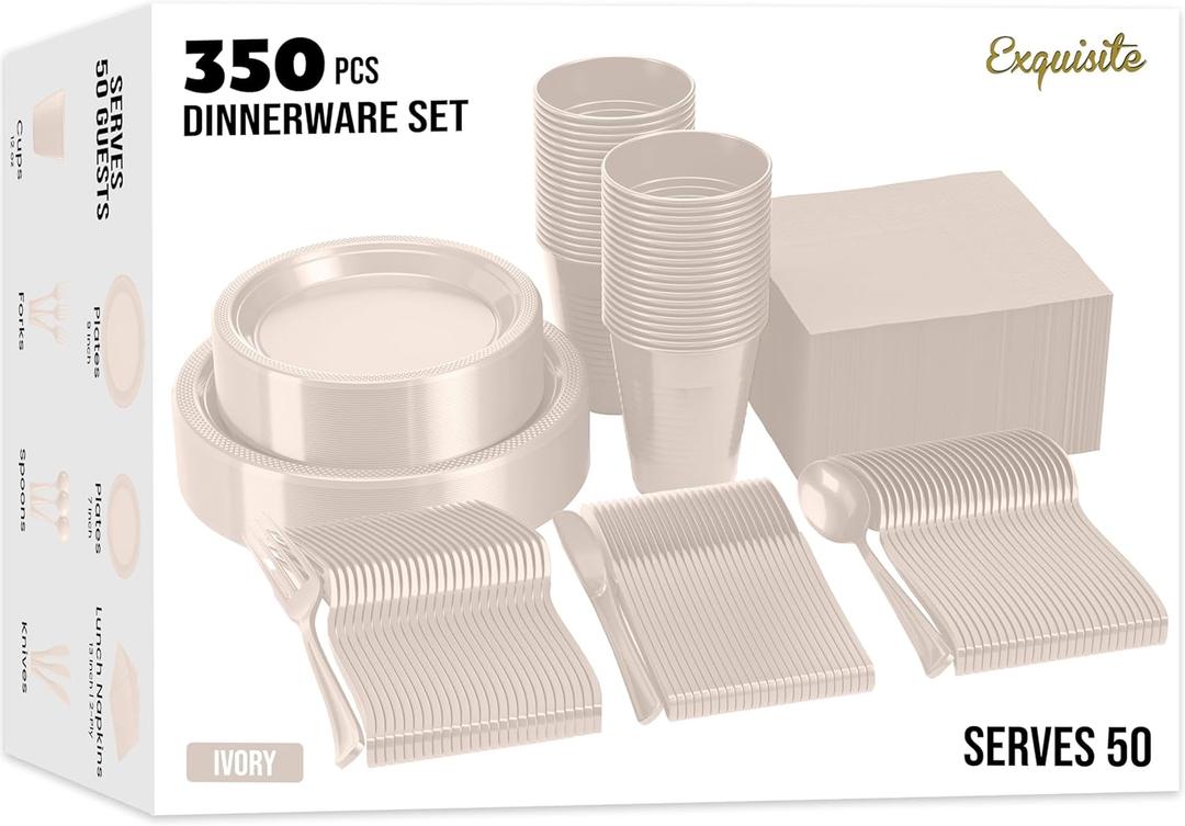 350 Pcs Ivory Plastic Plates For Party, Ivory Disposable Plates Set, 50 Of Each 9" Dinner Plate Set, 7" Dessert Plate, Cups, Napkins & Cutlery Plastic Dinnerware Set Exquisite