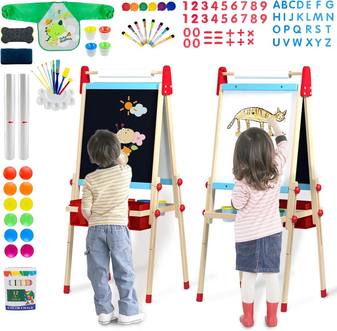 WOOD CITY Easel for Kids, Adjustable Standing Art Easel with Painting Accessories Wooden Chalkboard & Magnetic Whiteboard & Painting Paper Stand, Toddler Art Set Easel for Toddlers 2-12 Year Olds