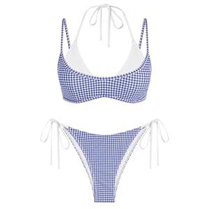 ZAFUL Women's Plaid Bikini Set Colorblock Dual Straps Halter String Tie Side 2 Piece Swimsuit Bathing Suit 0-Blue L
