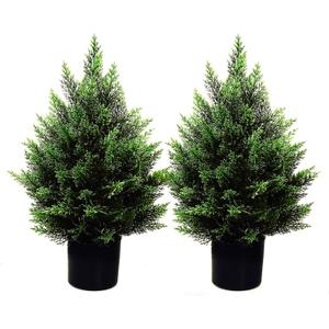 2FT Artificial Topiary Tree Beautiful Realistic Faux Cedar Pines Christmas Trees UV Rated Fake Shrubs for Front Porch Faux Plants Indoor and Outdoor Decor2 Pack