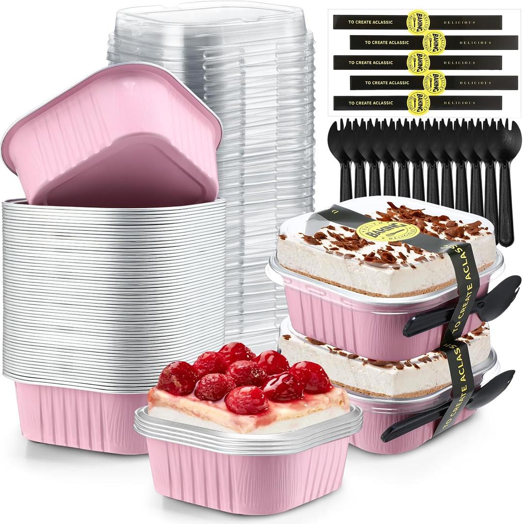 Sliner 100 Pcs 10 oz Mini Cake Pans with Lids Aluminum Foil Disposable Baking Loaf Tins, Spoon, Stickers, Square Cupcake Container for Muffin Ramekins Brownie Wedding Birthday Party(Pink)