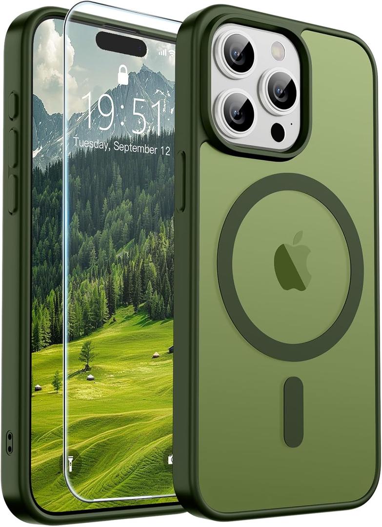 SUPFINE Magnetic for iPhone 15 Pro Case (Compatible with MagSafe) (Military Grade Drop Protection) Translucent Matte Shockproof with Anti-Fingerprint Phone Case,Cangling Green