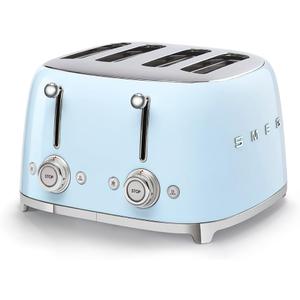 SMEG 4 Slice Toaster TSF03, Retro Stainless-Steel Toaster with Wide Slots for Bagels, 6 Browning Levels, Defrost Reheat Bagel Functions, Dual Controls, Crumb Trays, 1800W - TSF03PBUS - Pastel Blue