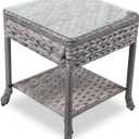 Wicker Patio Table,Rattan Coffee Table with Glass Top for Patio Proch Deck Balcony Rectangle Brown