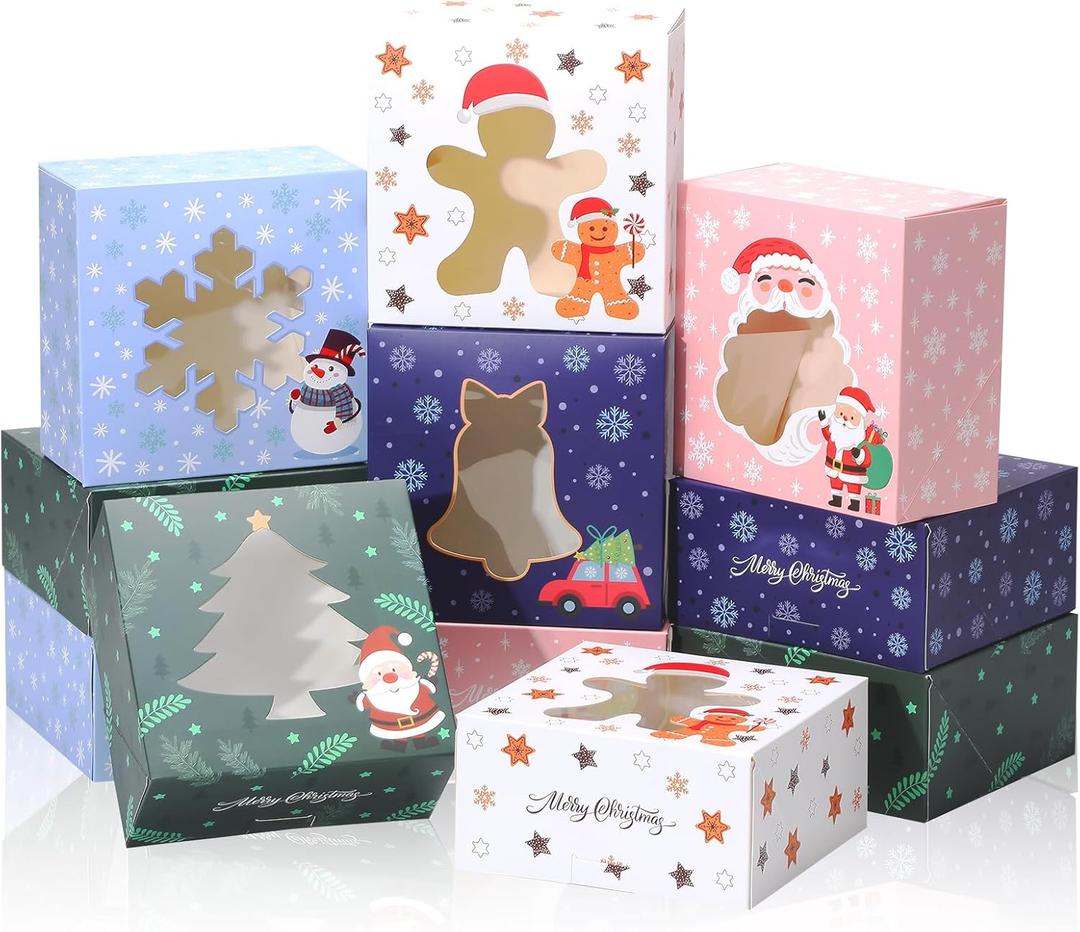 30Pcs Christmas Cookie Boxes for Gift Giving, 6x6x3 inch Bakery Box with Window, Xmas Treat Boxes for Holiday Party Favor Pastries, Cupcakes, Cookies, Muffins, Donuts, Gift Wrapping