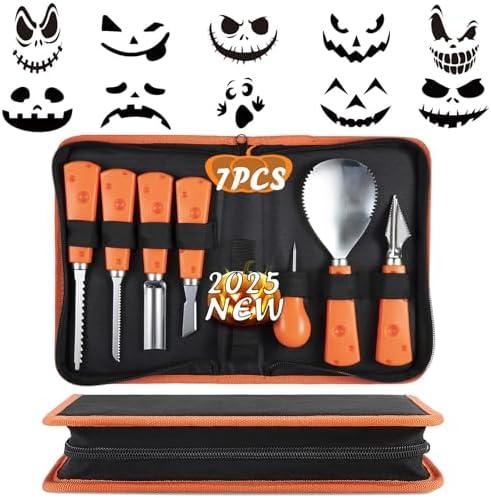 ENVEL Halloween Pumpkin Carving Kit, 7 Pcs Professional Stainless-Steel Pumpkin Tools Set Heavy-Duty Steel Cutting Easily for Art Crafts,Adults Kids