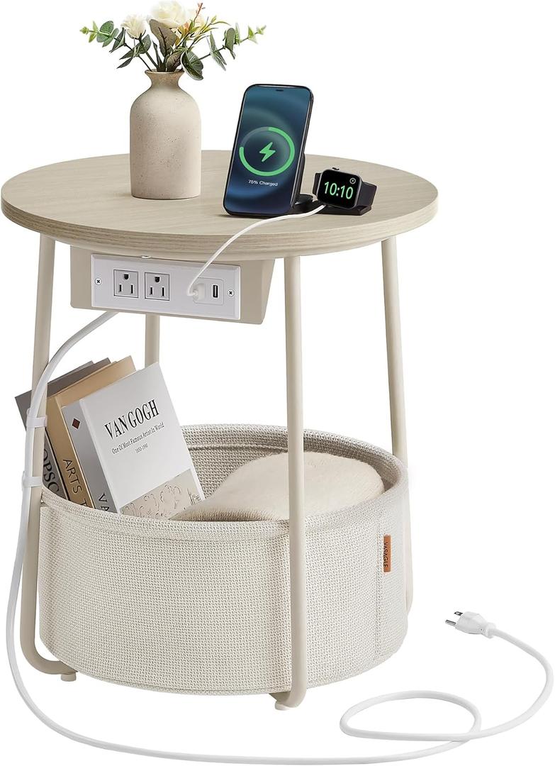 VASAGLE Side Table with Charging Station, Round End Table With Fabric Basket, Nightstand with Power Outlets USB Ports, for Living Room, Bedroom, Modern, Forest Green and Cream White ULET228C04