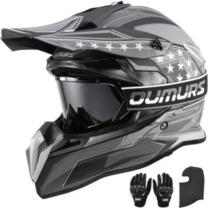 OUMURS DOT Adult Dirt Bike Helmet with Goggles Gloves & Mask Adjustable Sun Visor Motorcycle Adult ATV Helmet Off-Road Motocross Downhill Moped MX BMX for Unisex Adult-188-Black Star, L