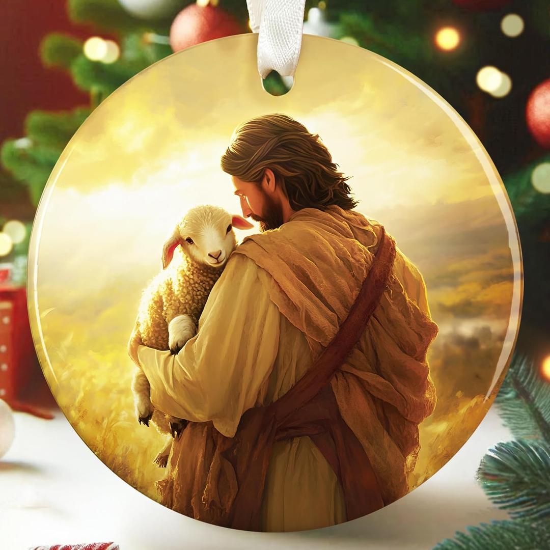 Christian Christmas Ornaments - Religious Christmas Ornaments for Women - Christian Gifts for Women - Catholic Bible Verse Jesus Inspirational Faith Baptism Jesus Lamb Ceramic Ornament