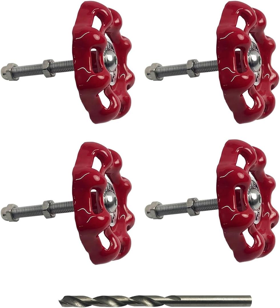 4Pcs Farmhouse Cabinet Knobs and pulls, Vintage Iron Valve Wheel, Rustic Red Drawer Knobs, Industrial Kitchen Cabinet Handles, Unique Pipe Decor Furniture Door Pulls for Dresser, Wardrobe