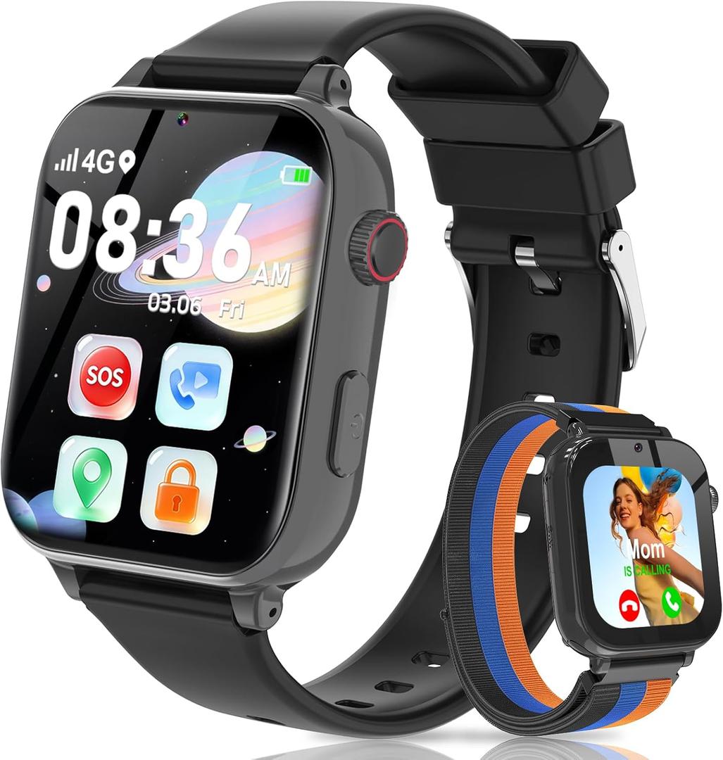 4G Kids Smart Watch with GPS Tracker, Video Call & Texting, Smart Watch for Kids with SIM Card, SOS, School Mode, HD Camera, Pedometer, Kid Watch Gift for Boys Girls Age 4-12, Black