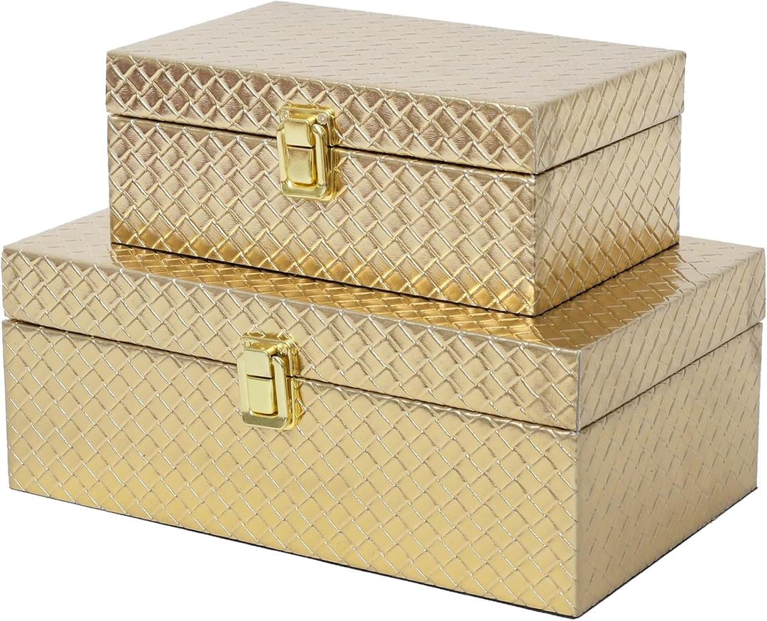 Faux Leather Decorative Jewelry Storage Organizer Boxes Set of 2, Gold