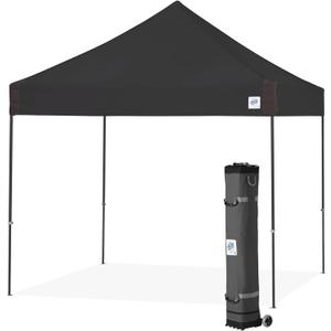 E-Z UP 10x10 Vantage Pop Up Canopy Tent, Steel Frame, Black Top, Wide-Trax Roller Bag & Spike Kit, 10 by 10'