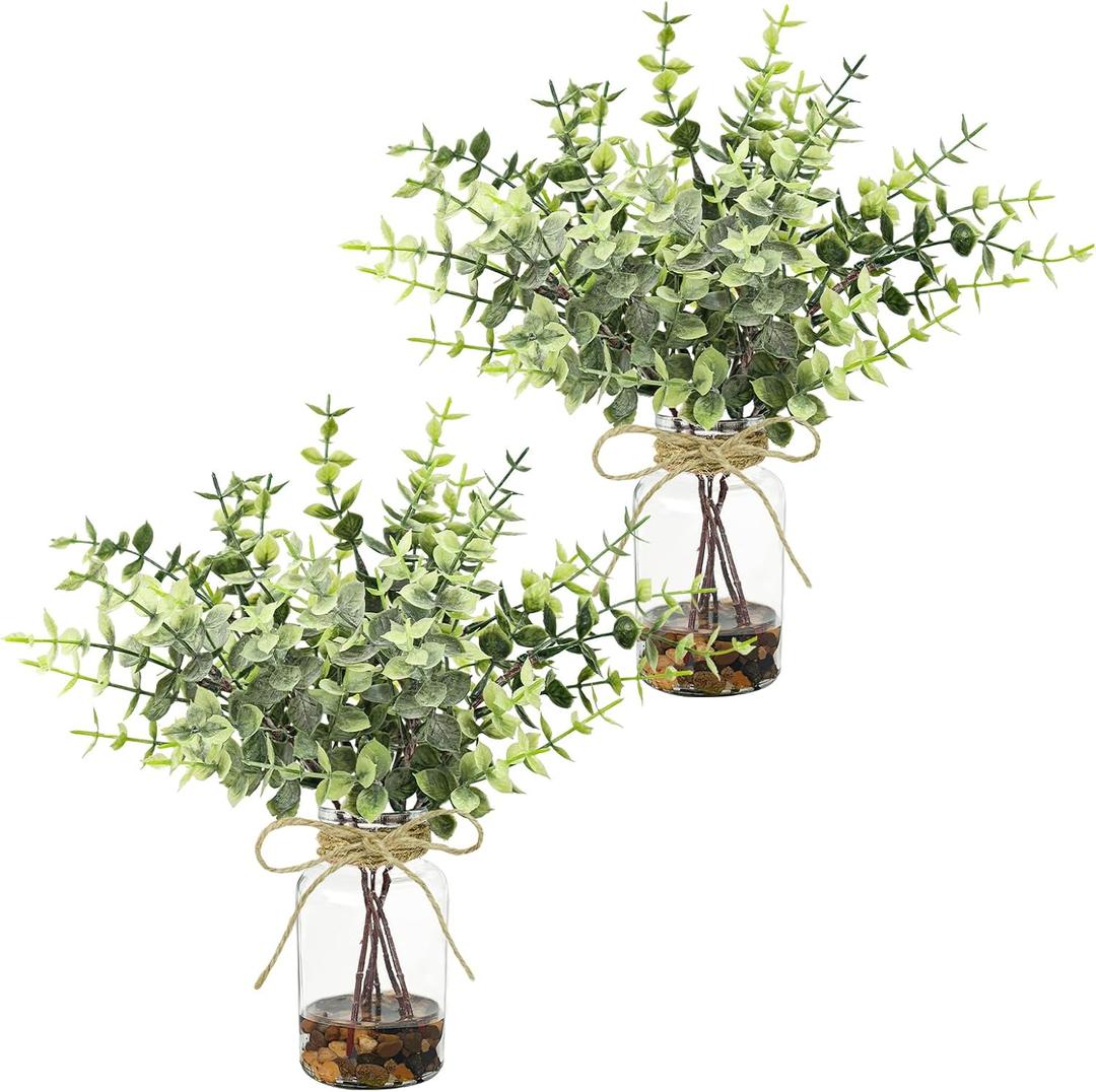 2 Pack Artificial Eucalyptus Stems in Glass Vases, 11" Fake Plants with Faux Water Stones, Small Faux Plants for Kitchen Bathroom Shelf Coffee Table Decor (LightGreen)