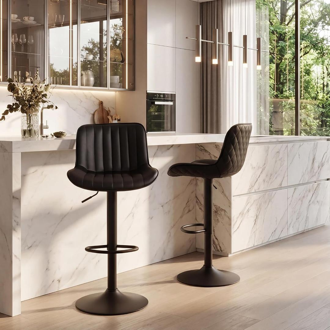 YOUNIKE Bar Stools Set of 2 Faux Leather Modern Kitchen Counter Stool with Back Adjustable Height Upholstered Bar Chairs Swivel Barstools Comfortable for Breakfast Nook Bar Island Black