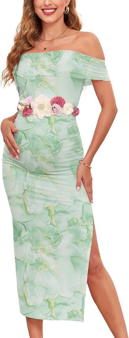 CYCLAMEN Off Shoulder Maternity Mesh Split Dress Ruched Fitted Pregnancy Dresses Baby Shower Photoshoot, Without Belt (Green)