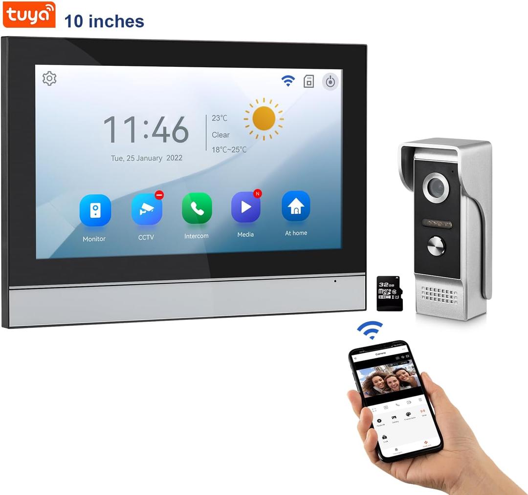 WiFi Wired Video Doorbell System (Wiring Required), 10 Inch High-Definition Monitor +Ring Camera, Support Two-Way Intercom Tuya APP Remote Control & 1080P IR Night Vision for Villa Home Apartment