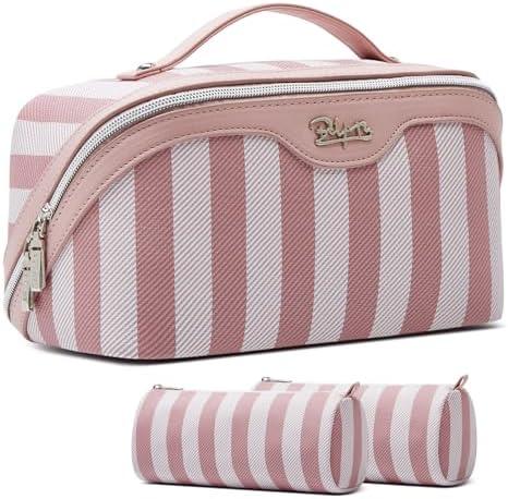 BOYATU Travel Makeup Bag for Women: Large Cosmetic Bag Set of 3 - PU Leather Make up Bag with Compartments - Compact Waterproof Toiletry Bag with Divider & Handle (B-1-Pink)