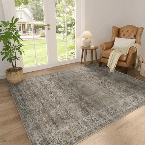3x5 Washable Rug for Living Room Bedroom Dining Room Non-Slip Low Pile Boho Vintage Distressed Entryway Rug Traditional Floral Retro Accent Throw Carpet for Dining Room Bathroom Kitchen Antique/Moss