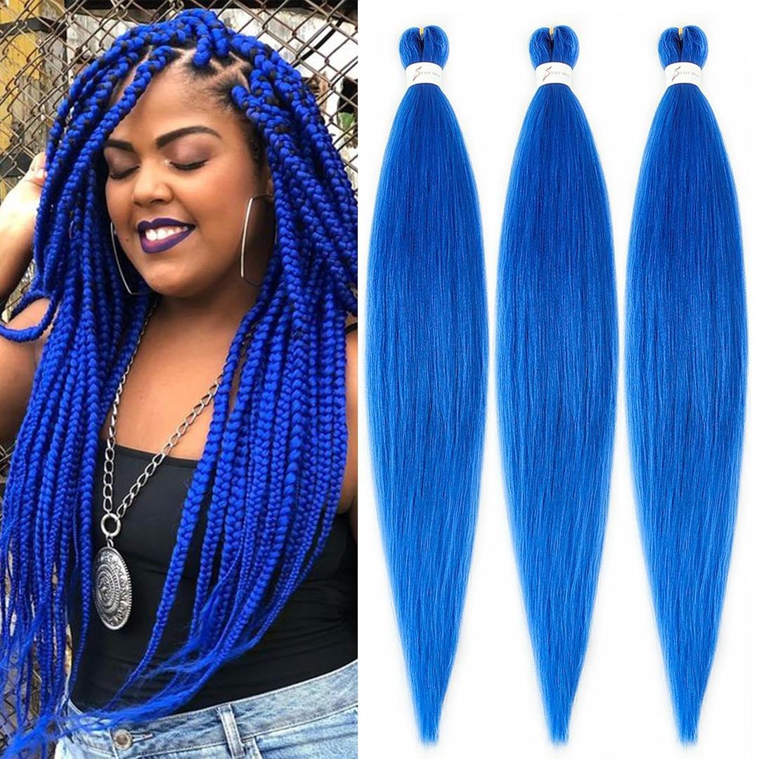 Blue Braiding Hair Pre stretched 30 Inch 3 Packs Pre-stretched Braiding Hair EZ Braid Yaki Texture Synthetic Hair Extensions for Crochet Box Braids