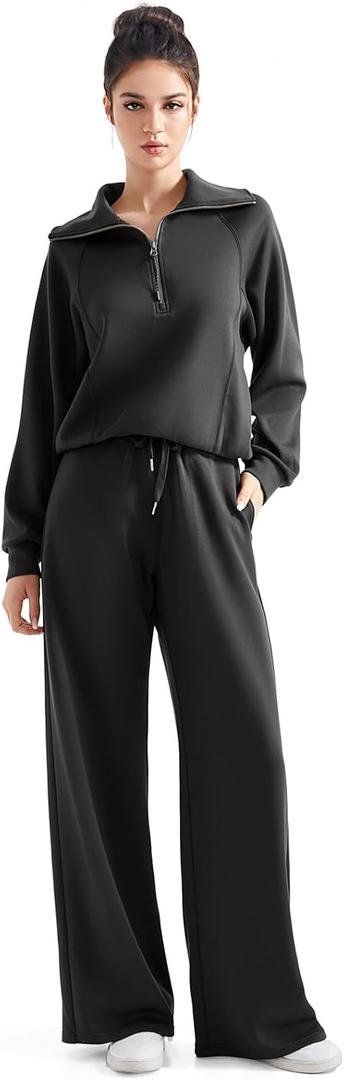 SUUKSESS Women 2 Piece Lounge Matching Set Wide Leg Sweatpant Half Zip Sweatshirt (Medium, Black)