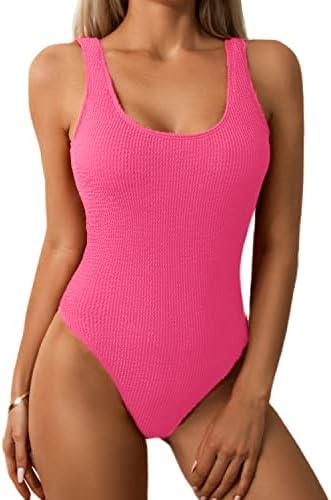 Limeeke Women One Piece Swimsuit Solid Ribbed Monokini Swimwear Scoop Neck Low Back Bathing Suit, XL