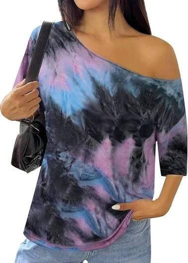 SOFIA'S CHOICE Women's Off Shoulder Crop Top Loose Fit Boat Neck Short Sleeve T-Shirt Purple Tie Dye Medium