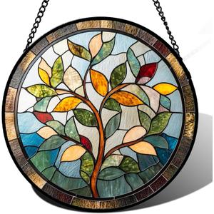 Stained Glass Window Hanging Colorful Tree of Life Large 11.8" - Plant Leaves Suncatcher Door Garden Sun Catcher Home Decor Birthday Christmas for Mom Men Woman Nana Friend