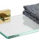 JQK Bathroom Glass Shelf, Floating Tempered Glass Shower Storage 16 by 5 inches, 304 Stainless Steel Brushed Gold Wall Mount, TGS201L16-BG