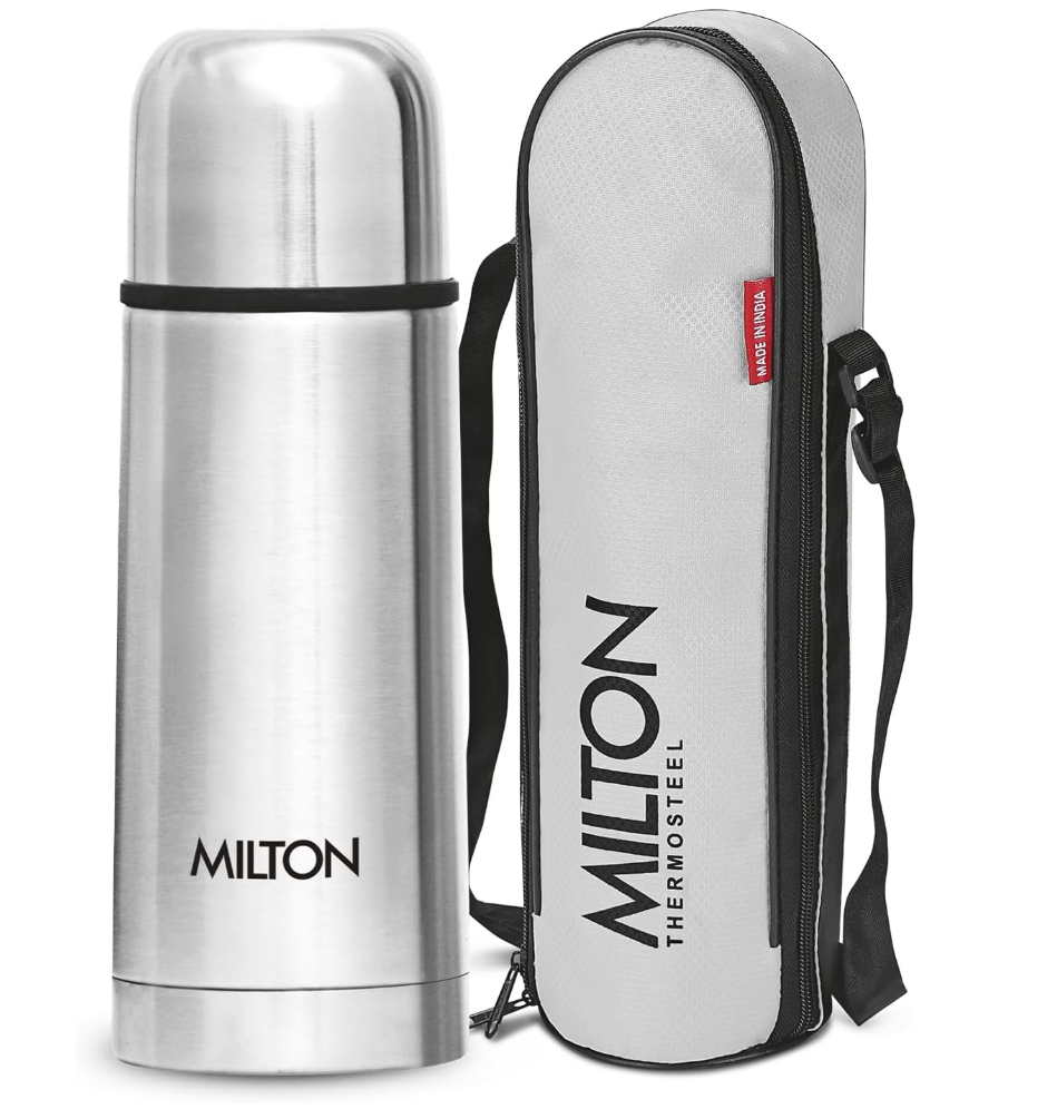 Milton Thermosteel Flip Lid Flask 350, Double Walled Vacuum Insulated Thermos 350 ml | 12 oz | 24 Hours Hot and Cold Water Bottle with Cover, 18/8 Stainless Steel, BPA Free, LeakProof | Silver