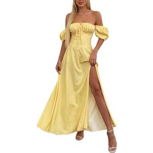 Womens Summer Square Neck Puff Sleeve Floral Split Maxi Dress Flowy A Line Beach Long Dresses, Yellow, Size XXL