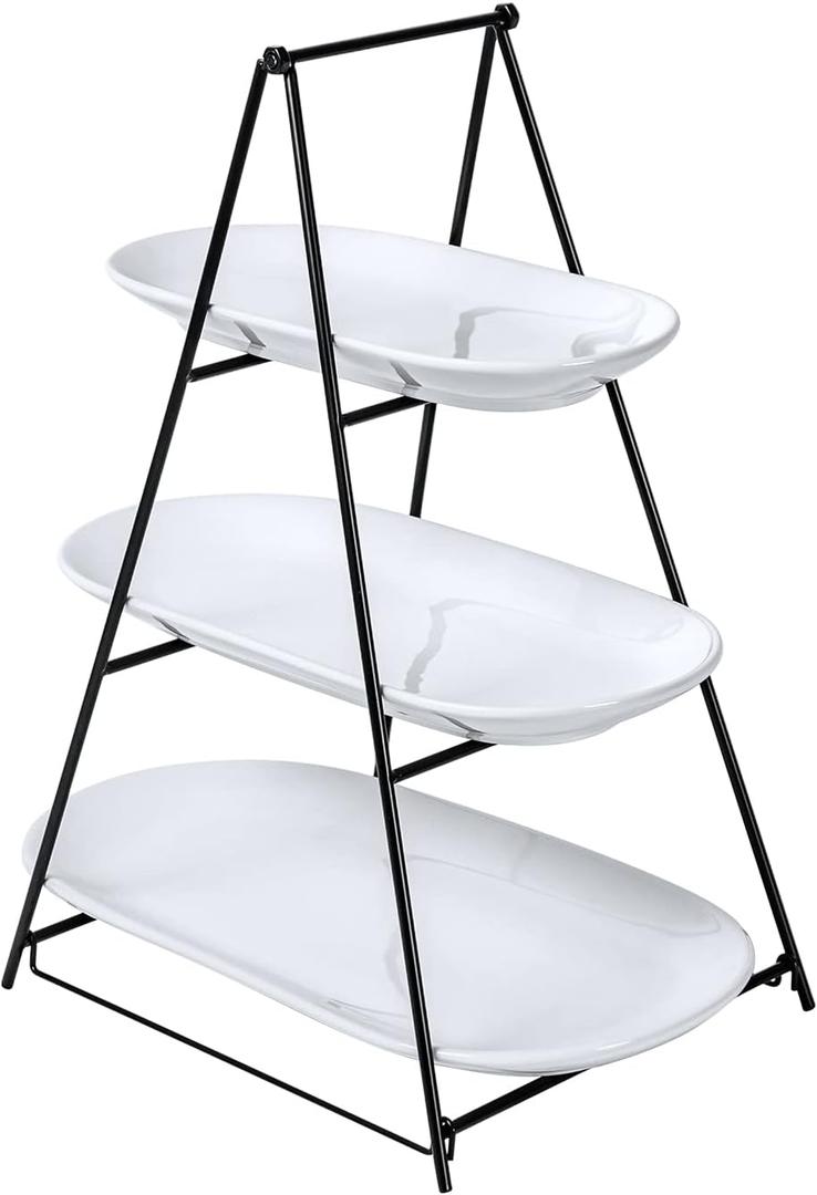 UNICASA 3 Tier Serving Tray for Parties  White Oval Porcelain Serving Platters and Trays with Collapsible Metal Stand  Tiered Dessert Stand for Cake, Snacks, Appetizers, Fruits, Chips & Dips
