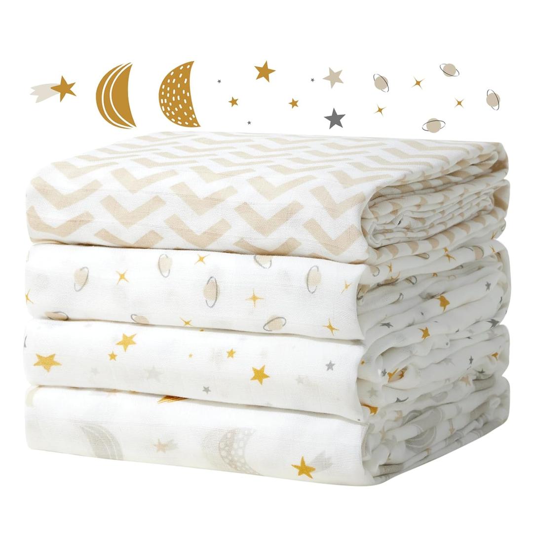 Momcozy Muslin Swaddle Blankets, 4-Pack Breathable and Skin-Friendly Receiving Blankets, Best Wishes Swaddle Blanket Shower Gifts & Baby Registry Essentials, Large 47"x47", Stellar Orbit