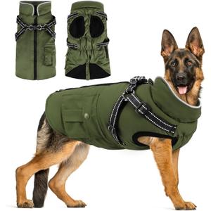 Winter Coat With Harness | Jacket Waterproof With Zipper and Fleece | Warm Dog Coat With Reflective for Large Dogs (Army Green), XL